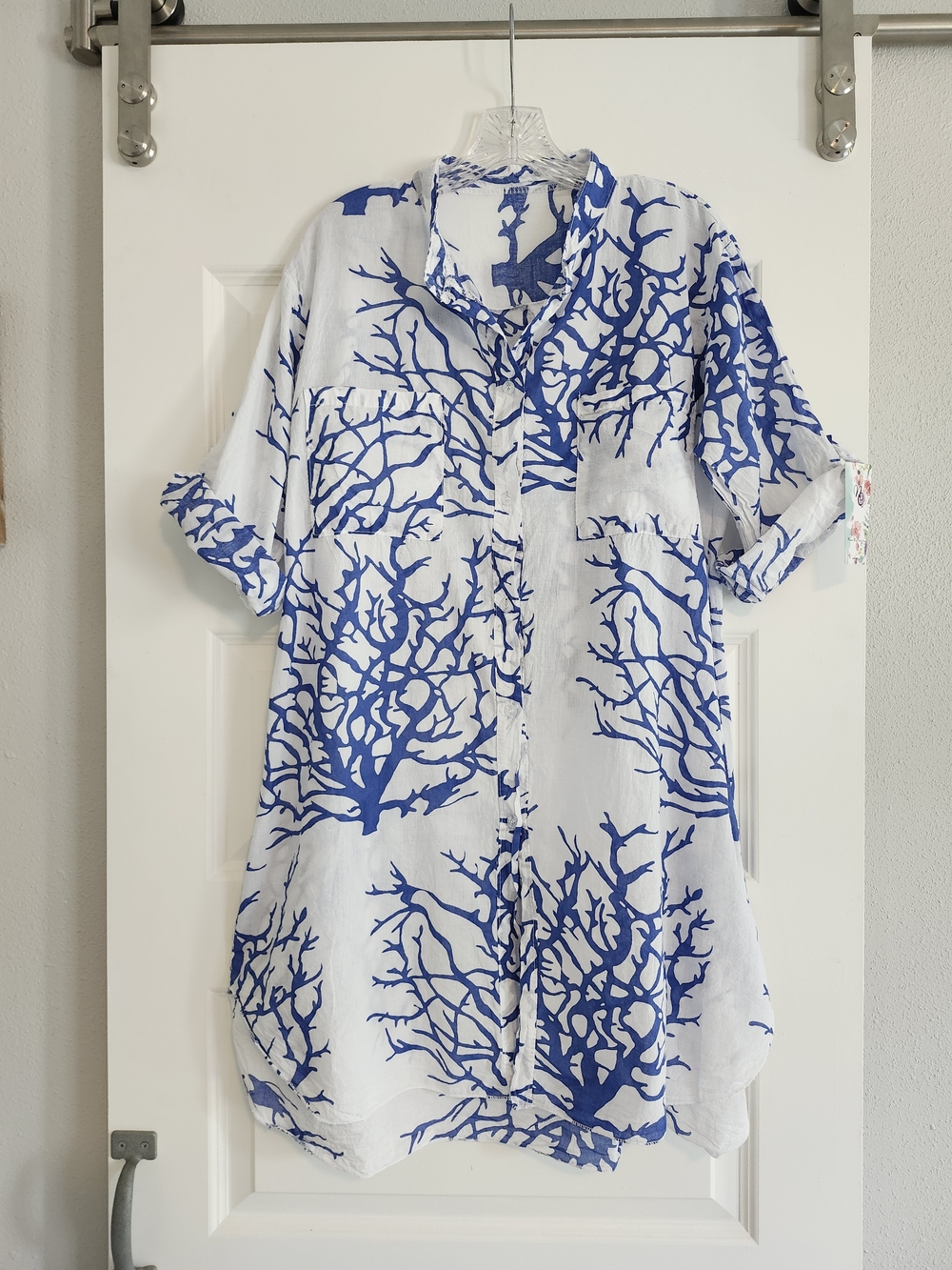 Women's Blue Coral Print Swim Coverup Shirt